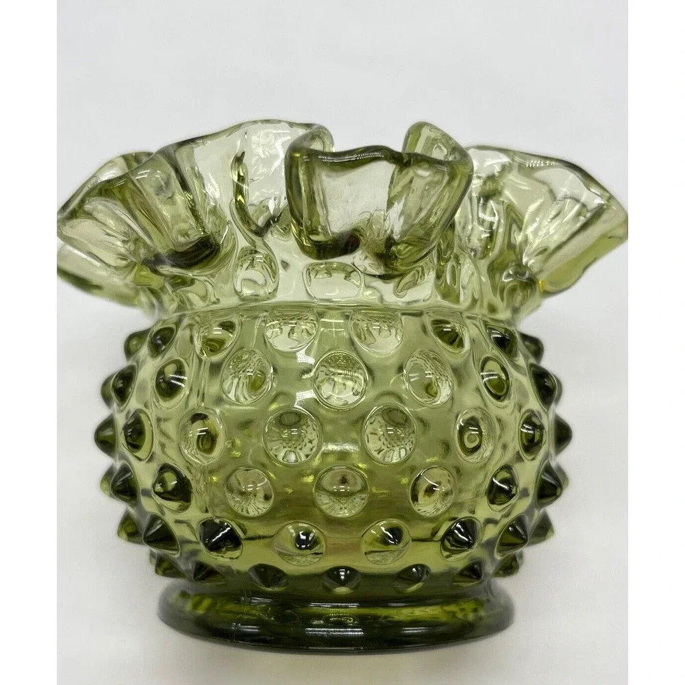 Fenton Glass Avocado Green Transparent Hobnail Vintage Ruffled Edge Vase